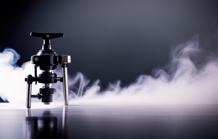 An image showcasing the inner workings of an airless paint sprayer, with high-pressure piston pushing paint through a nozzle, atomizing it into a fine mist, and evenly coating a surface