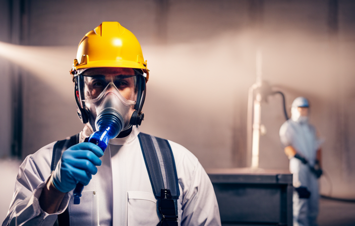 An image showcasing a worker in a well-ventilated room, wearing protective gear and using an airless paint sprayer