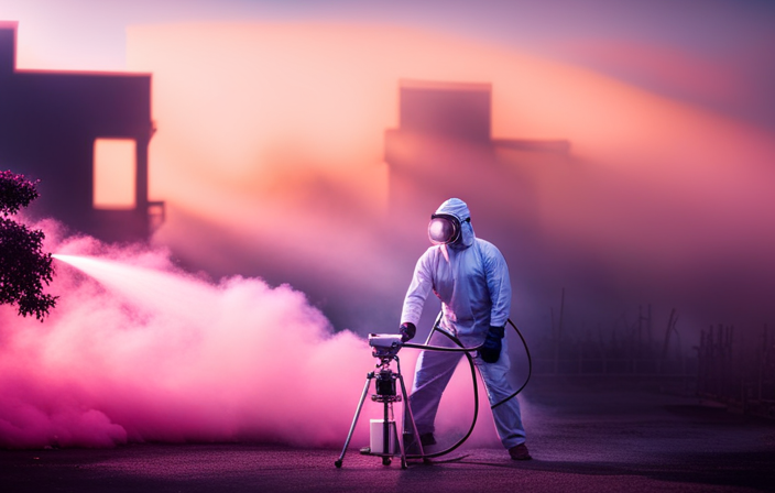 An image showcasing an airless paint sprayer in action