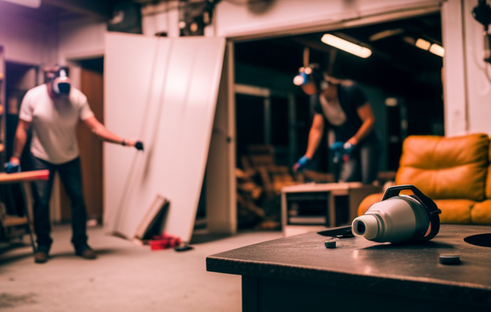 An image of a person wearing ear protection in a dimly lit room, surrounded by paint cans and furniture, while an airless paint sprayer emits a deafening noise, spraying paint in a chaotic manner