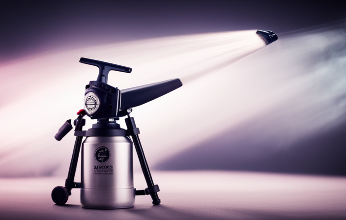 An image showcasing an airless paint sprayer in action, capturing the fine mist of paint as it effortlessly coats a surface, highlighting the brand's logo prominently on the device