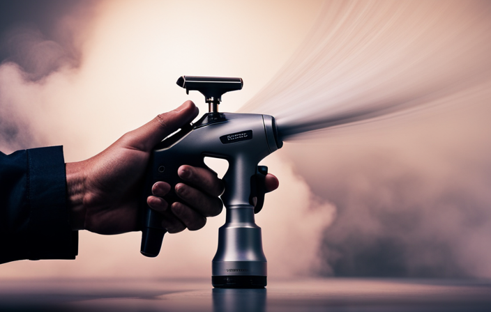 An image showcasing the effortless precision of an airless paint sprayer: a sleek, handheld device smoothly releasing a uniform mist of vibrant paint onto a flawless surface, highlighting its efficiency and flawless finish