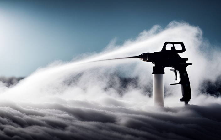 An image that captures the chaos of using an airless sprayer, with billowing clouds of fine dust swirling in the air, clinging to surfaces, and settling on every available surface, leaving a hazy atmosphere