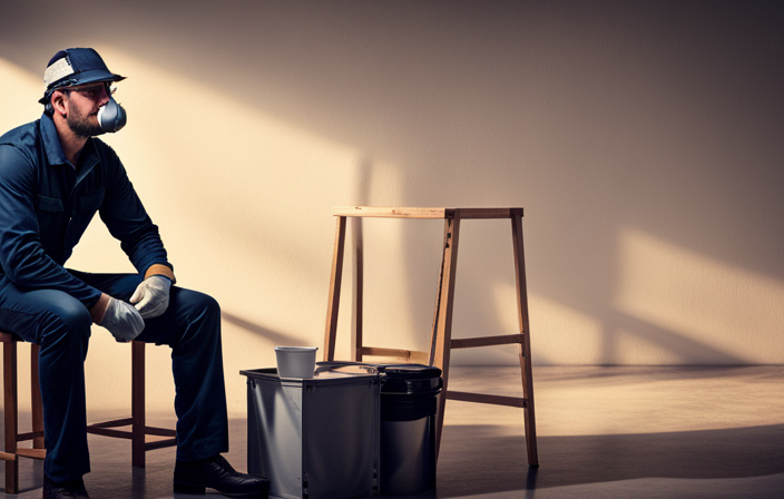 An image capturing a tired painter, wearing protective gear, seated on a stool, surrounded by an airless paint sprayer and a partially painted wall