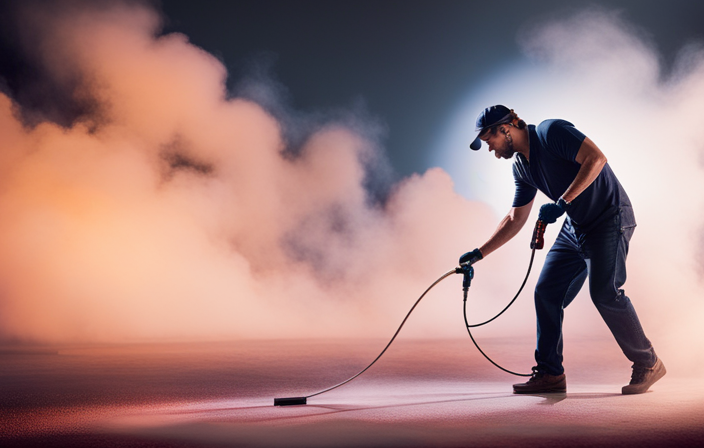 An image showcasing an artist using an airless sprayer to apply paint on a surface