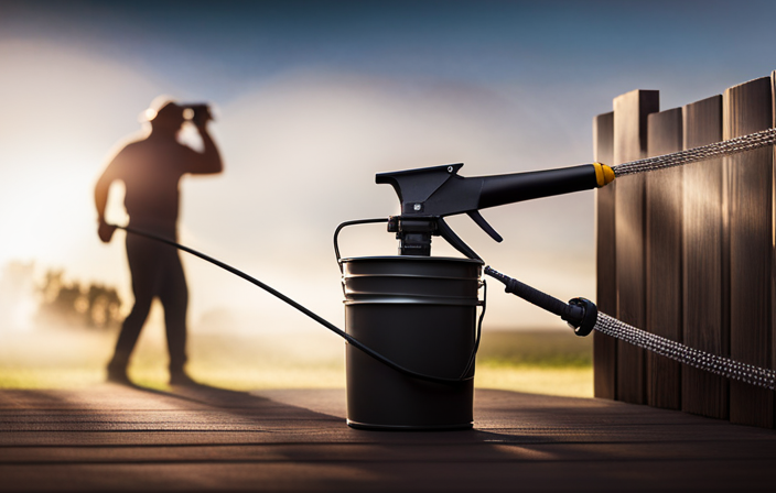 An image featuring an airless sprayer connected to a 5-gallon bucket, positioned next to a wooden fence