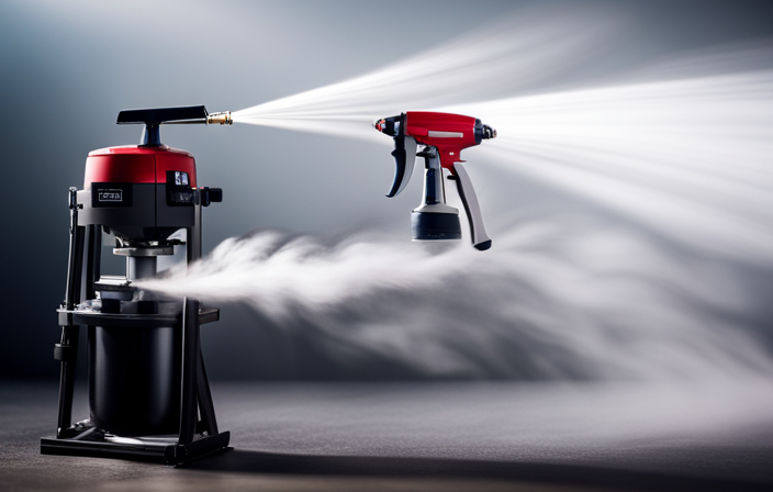 An image showcasing an airless paint sprayer in action: vividly depict the pressurized paint flowing from the nozzle, atomizing into a fine mist, and evenly coating a surface, all without the use of air
