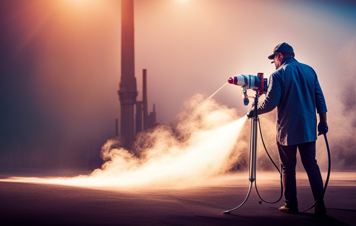 An image showcasing an airless paint sprayer in action: a high-pressure pump forcefully propelling paint through a tiny nozzle, creating a fine mist that evenly coats surfaces, while minimizing overspray and delivering a smooth, professional finish