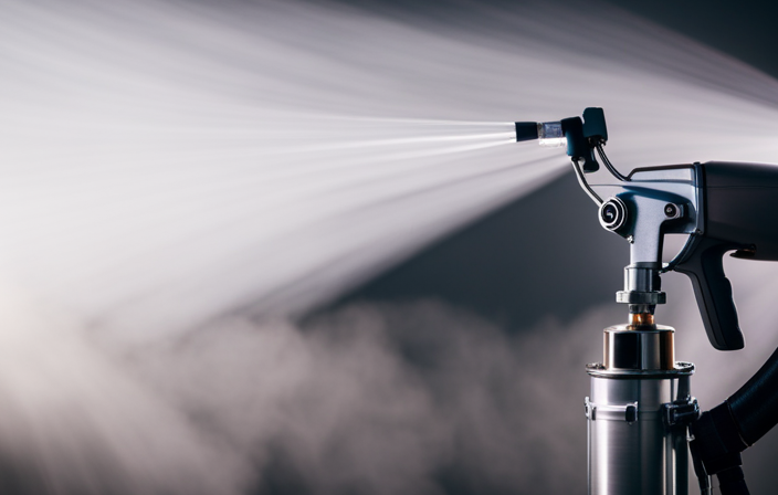 An image showcasing an airless paint sprayer in action, with a high-pressure pump forcing paint through a small nozzle, atomizing it into a fine mist that evenly coats surfaces, leaving behind a smooth, professional finish