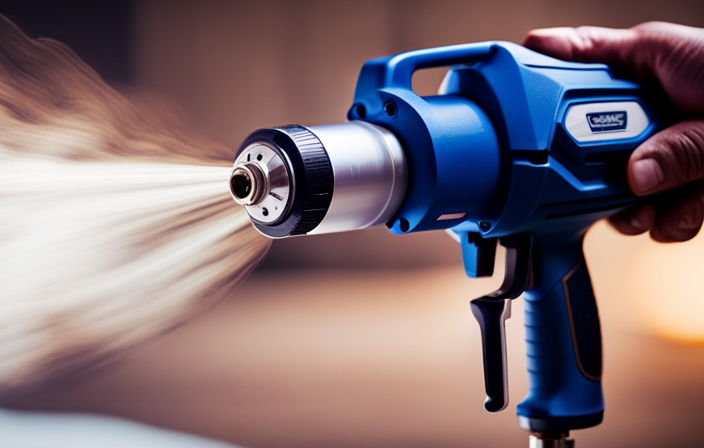 An image showcasing the Graco Magnum 262800 X5 Stand Airless Paint Sprayer in action: vibrant paint particles propelled at high pressure through a nozzle, forming a smooth, even coat on a surface