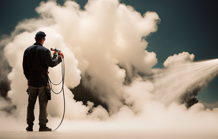 An image showcasing an airless paint sprayer, with a professional painter holding a 50-foot hose, demonstrating its length and flexibility
