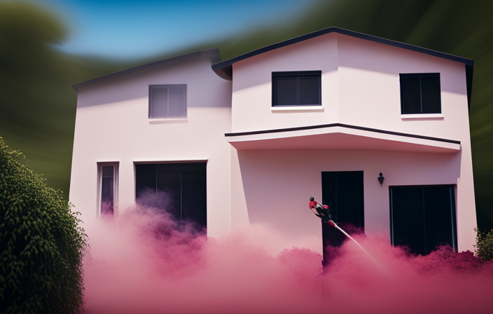 An image showcasing a vibrant, spacious house exterior being effortlessly coated with a high-powered airless sprayer