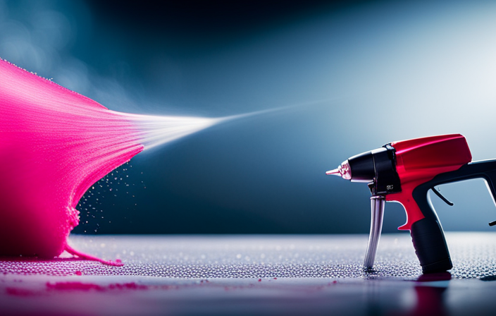 An image showcasing an airless sprayer in action, with vibrant droplets of paint being effortlessly propelled from the machine onto a large surface, providing a vivid depiction of the efficiency and coverage achieved