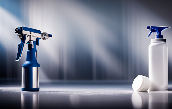 An image showing a Graco Magnum Airless Sprayer filled with paint, its adjustable pressure control knob set to the recommended primer level, and a clear measuring cup nearby, filled with the exact amount of paint needed for priming