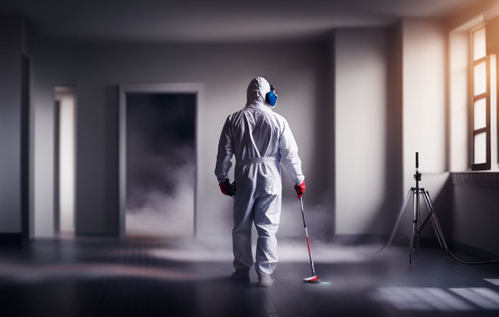 An image featuring a professional painter wearing protective gear, skillfully operating an airless paint sprayer