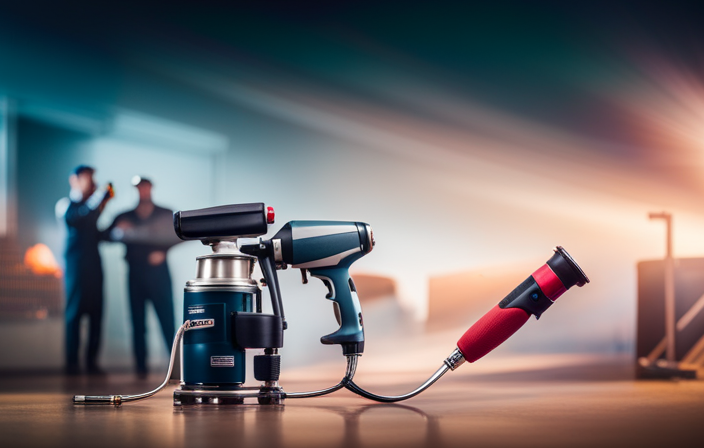 An image that captures the essence of renting an airless paint sprayer: a vibrant workshop scene with a professional-grade sprayer in action, a range of paint colors, and a rental price displayed prominently