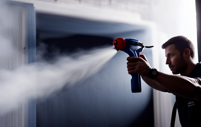 An image showcasing a Graco airless sprayer in action, precisely spraying a generous amount of water-based latex paint onto 29 doors