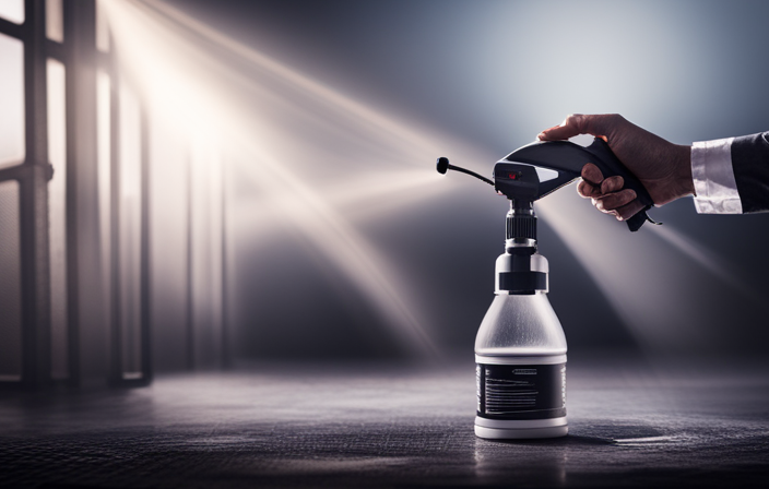 An image showcasing an airless sprayer, with a transparent container filled with latex paint