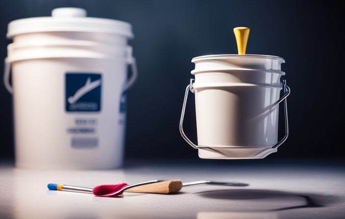 An image showcasing a large bucket filled with 5 gallons of paint, accompanied by a measuring cup pouring a precise amount of water into the paint