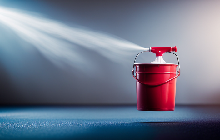 An image showcasing a 5-gallon bucket of paint connected to an airless sprayer, with the sprayer nozzle aimed at a large surface