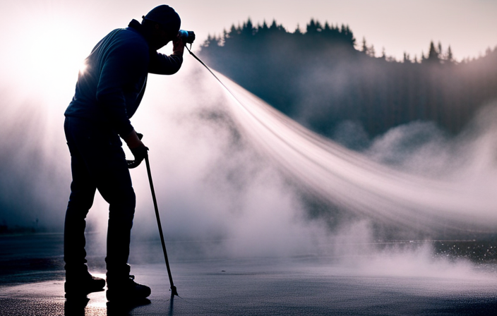 An image capturing a skilled painter operating an airless sprayer, battling against strong gusts of wind, as fine paint droplets disperse aimlessly in the turbulent air, hindering the painting process