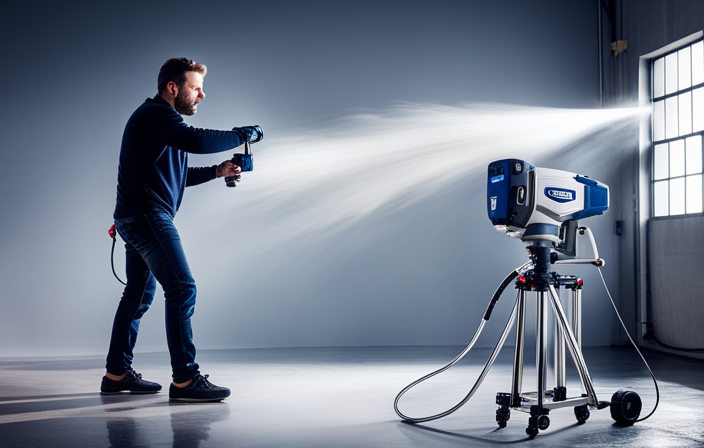 An image showcasing the Graco X7 Airless Paint Sprayer in action, with a skilled user effortlessly spraying a smooth coat of paint on a wall, capturing the precision and efficiency of this powerful tool