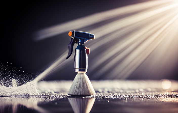 An image showcasing a close-up of an airless paint sprayer tip being carefully cleaned with a small brush, surrounded by droplets of water and paint residue, highlighting the importance of maintaining a clean and efficient tool