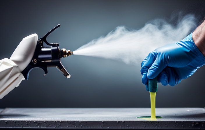 An image of a gloved hand disassembling an airless paint sprayer, removing the nozzle, filter, and pump