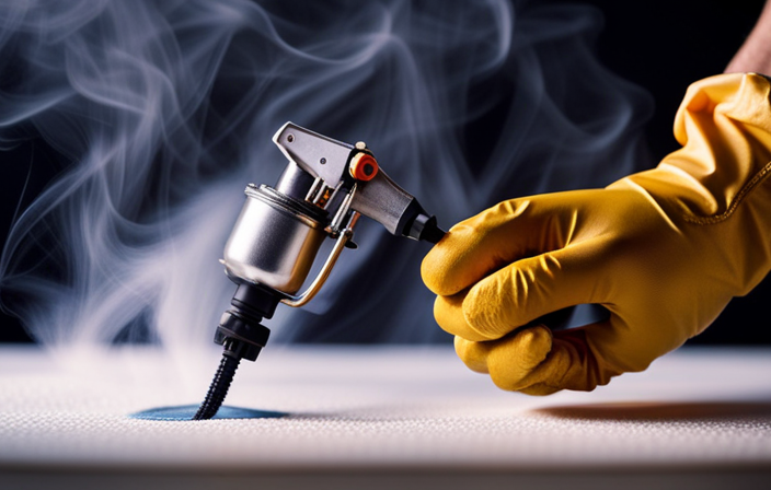 An image showcasing a pair of gloved hands delicately removing clogged paint residue from the tiny nozzle of an airless paint sprayer, demonstrating the step-by-step process of maintaining and cleaning the tips