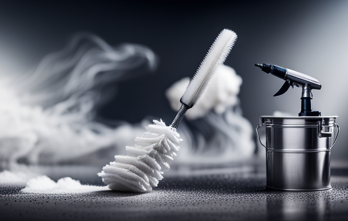 An image capturing the process of cleaning an airless paint sprayer: a disassembled sprayer head submerged in a bucket of soapy water, a scrub brush removing dried paint from the nozzle, and a clean, dry sprayer ready for storage