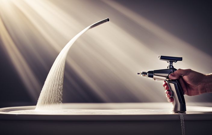 An image of a hand holding a disassembled airless paint sprayer under a running faucet, with water flowing through the nozzle, cleansing the paint residue