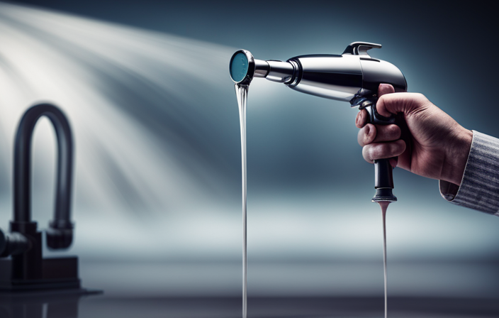 An image of a hand holding a disassembled airless paint sprayer under a running faucet, with water flowing through the nozzle, cleansing the paint residue