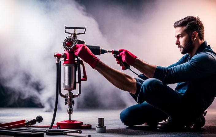 An image showing a close-up view of a Huskey Pro Airless Paint Sprayer being disassembled, with each part meticulously cleaned and laid out in an organized manner