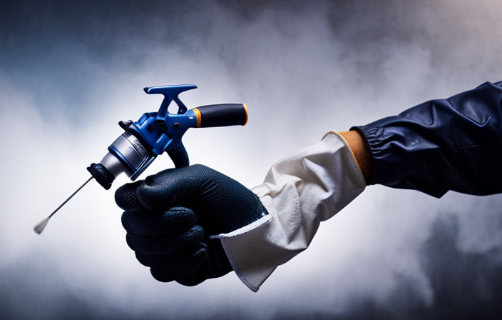 An image of a person wearing gloves, disassembling an airless paint sprayer, carefully removing clogged paint residue from the nozzle with a small brush, while cleaning the internal components with a damp cloth