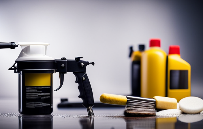 An image showcasing a step-by-step guide on cleaning oil-based paint from an airless sprayer