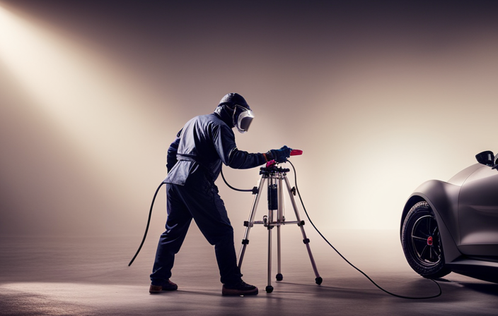 An image showcasing a skilled painter wearing protective gear, effortlessly operating an airless electric paint sprayer