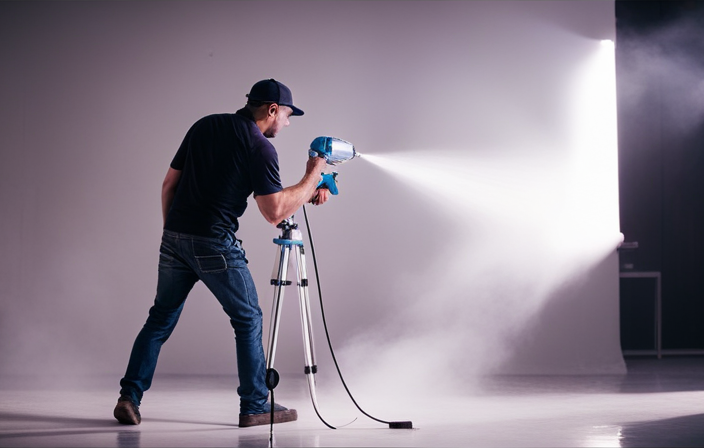 An image that showcases a skilled painter effortlessly maneuvering an airless paint sprayer, elegantly spraying precise straight lines onto a smooth surface, capturing the essence of flawless technique