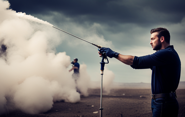 An image showcasing a step-by-step guide on extending an airless paint sprayer: a technician holding an extension wand, connecting it to the sprayer's hose, and demonstrating its use on a high wall