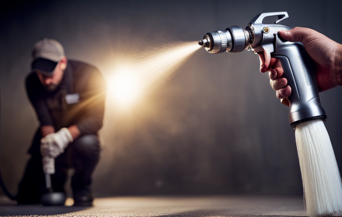 An image showcasing a skilled hand gripping an airless paint sprayer, carefully disassembling and cleaning its nozzle, pump, and filter components