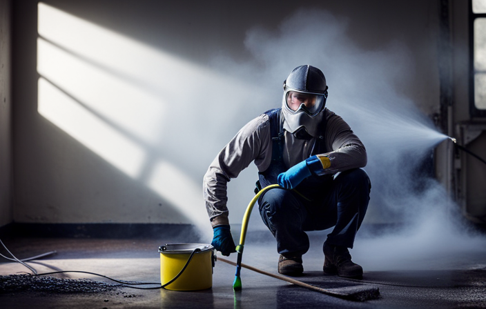 An image of a frustrated painter wearing protective gear, using a squeegee to remove uneven paint streaks on a wall