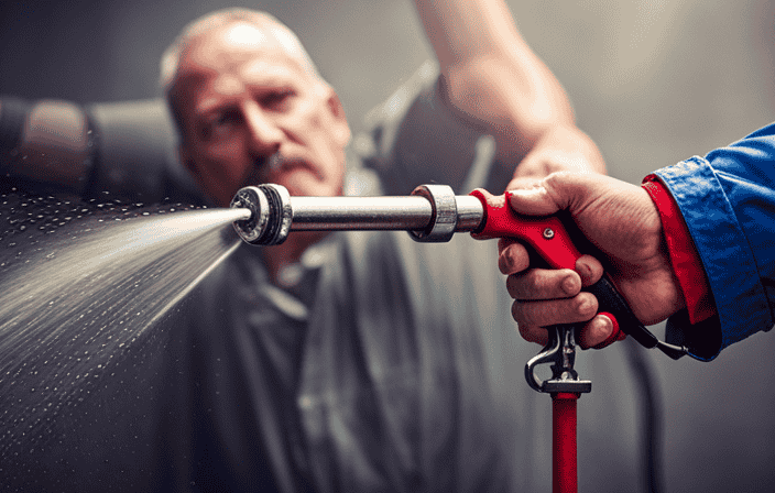 An image showcasing a close-up view of a hand firmly gripping a wrench, skillfully tightening the fittings on an airless paint sprayer hose, as droplets of water elegantly cascade down from the repaired section