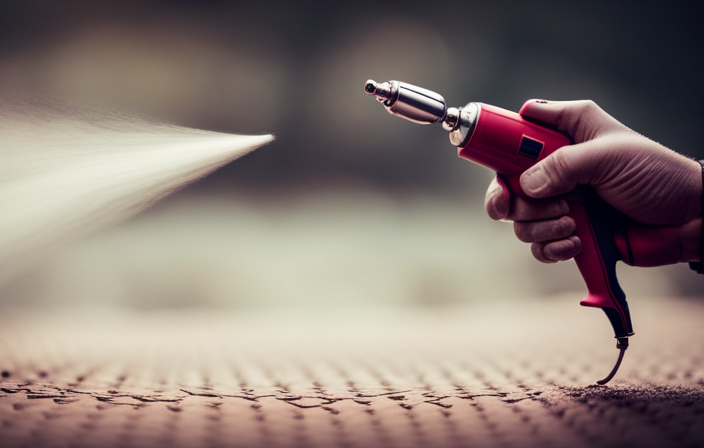 An image showcasing a close-up view of a hand holding a small pattern airless paint sprayer tip, demonstrating the process of attaching it to the sprayer gun