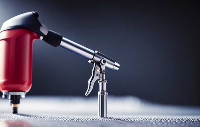 An image that showcases a close-up of an airless paint sprayer's nozzle being meticulously oiled, with droplets of lubricant glistening on the metal surface, ensuring smooth and precise paint application