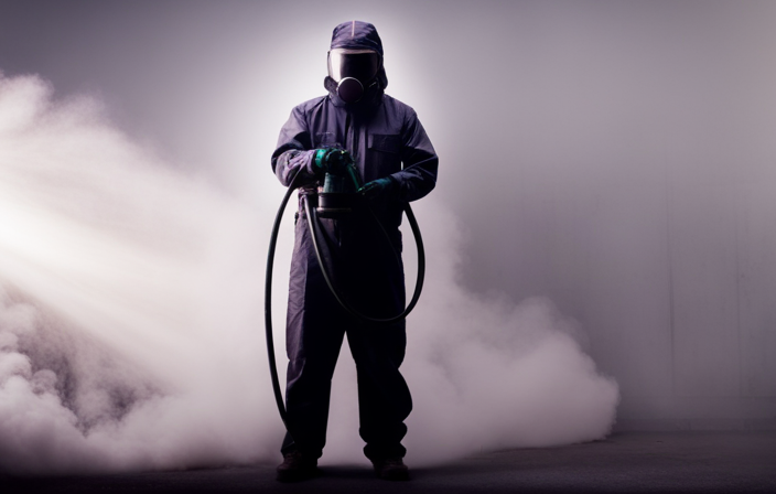 An image showcasing a person wearing protective gear, holding an airless paint sprayer with a nozzle pointed towards a wall