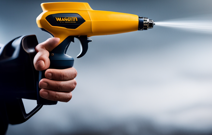 An image capturing the precise motion of a hand gripping the ergonomic handle of a Wagner Paint Crew Airless Paint Sprayer, effortlessly spraying a smooth, even coat of vibrant paint onto a pristine surface
