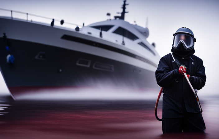 An image showcasing a skilled painter, clad in protective gear, deftly maneuvering an airless sprayer over a majestic boat's hull