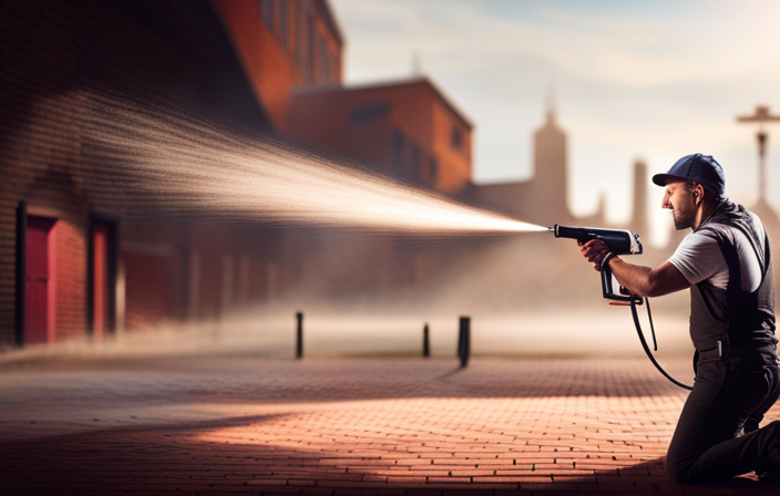 An image that showcases a skilled hand maneuvering an airless sprayer, effortlessly gliding over a brick wall