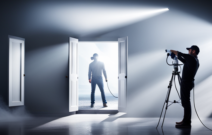 An image capturing the process of using an airless paint sprayer to effortlessly coat a closet with a smooth, even layer of paint