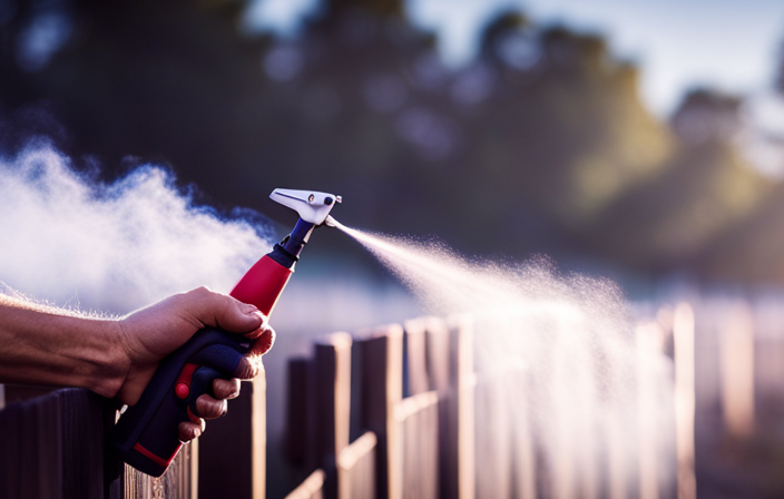An image showcasing a skilled hand effortlessly gliding an airless sprayer along a wooden fence, emitting a fine mist of paint particles that evenly coat the surface, resulting in a flawless and professional finish