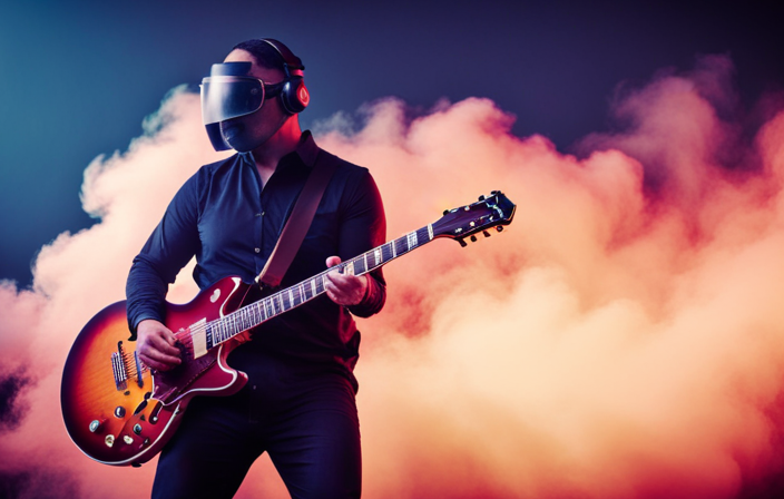 An image showcasing a skilled guitarist wearing protective gear, expertly maneuvering an airless paint sprayer to evenly coat a sleek electric guitar in vibrant colors, as fine mist particles disperse in the air